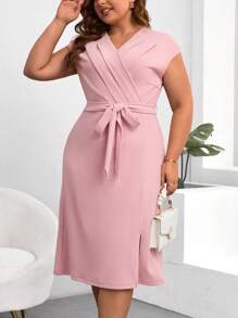 SHEIN Clasi 大尺碼女性夏季優雅百摺蝙蝠短袖連衣裙 - 粉色 - 查看 1