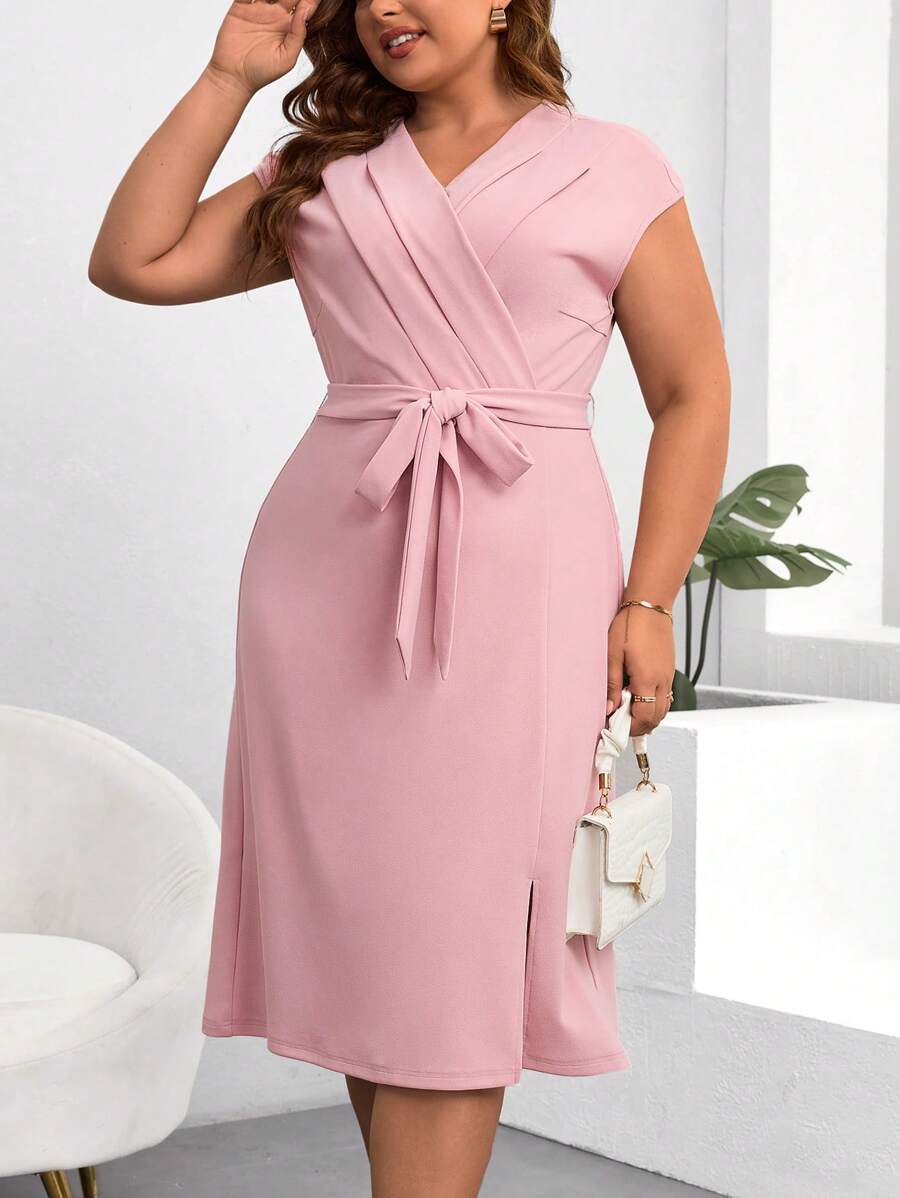 SHEIN Clasi 大尺碼女性夏季優雅百摺蝙蝠短袖連衣裙 - 粉色 - 查看 1