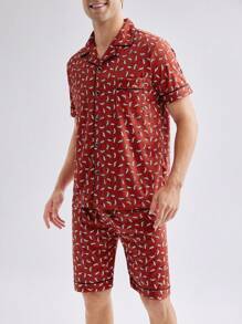 Ensemble de pyjama pour hommes à manches courtes imprimé décontracté comprenant un short, vêtements d'intérieur - Rouge - Voir 4