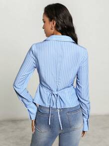 Anewsta 女士优雅条纹 V 领褶皱修身办公衬衫 - 藍白色 - 查看 2