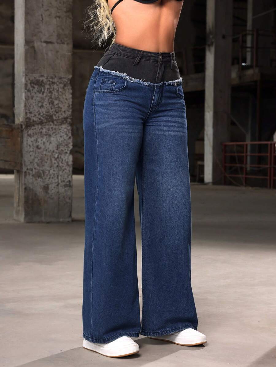 SHEIN SXY Leichte Freizeit-Jeans für Damen mit weitem Bein und eingefügtem Farbkontrast mit aufgerissenem Saum