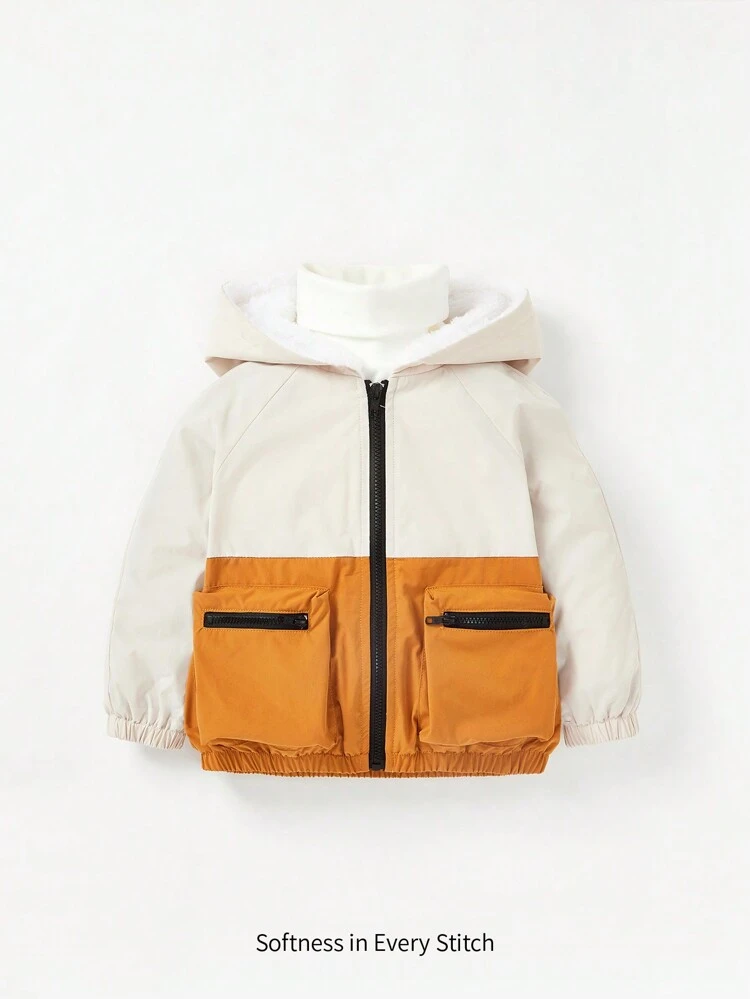 Baby Boys Color Block Workwear Style Jacket With Pocket And Thermal Lined, Medium Thickness