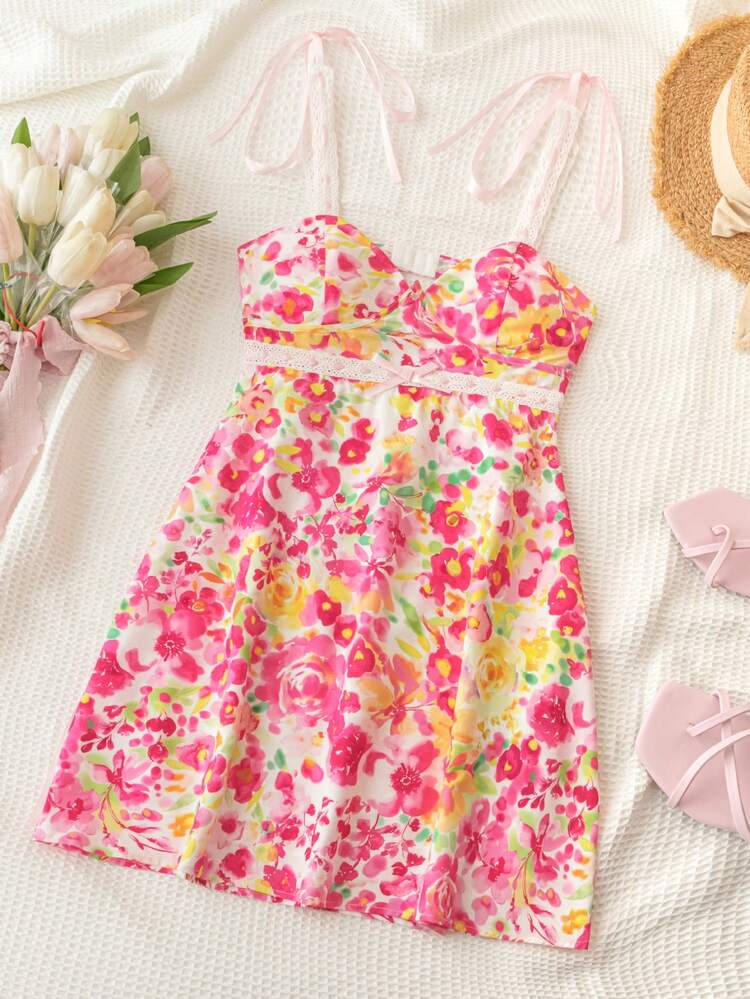 Wywh Women's Vacation-Style Pink & Orange Blurred Floral Print Shoulder Strap Tie-Dye Summer Dress