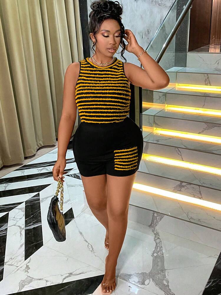 Plus Size Women's Fashion Striped Vest And Shorts Set