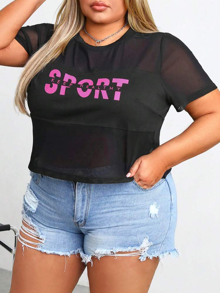 Plus Size Women's Summer Round Neck Short Sleeve Basic T-Shirt With Letter Print, Mesh Panel, Short Length