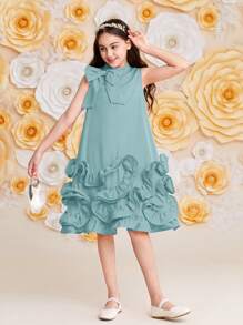 SHEIN A-linien Kleid Für Tween Mädchen Mit Abnehmbarer Schleife, Lose Passform Und Süßem Stehkragen