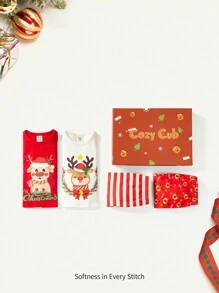 Baby Girl 2pcs Christmas Print Tee & 2pcs Striped Pants