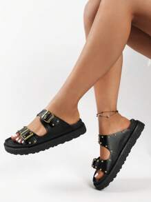 Women's Black Studded Platform Thick Sole Slide Sandals Valentines