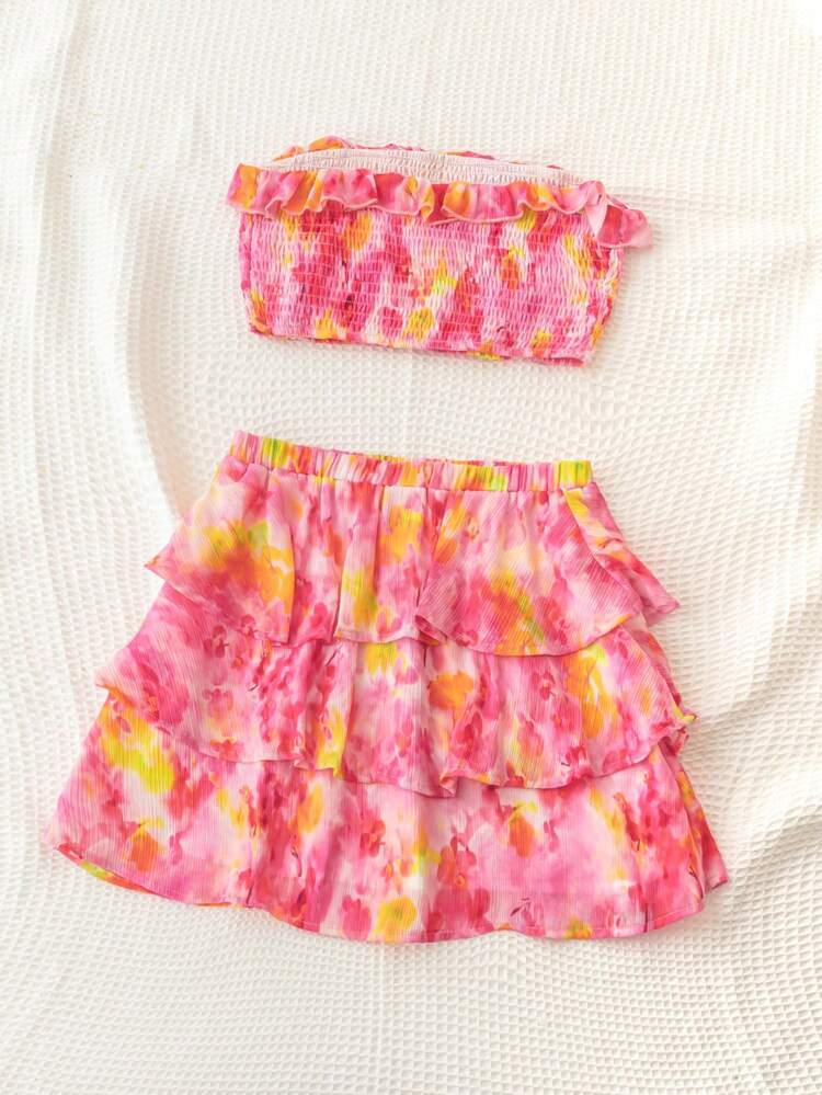 Ladies' Casual & Vacation Style Shirred Hem Tie Dye Strapless Top & Layered Skirt Set