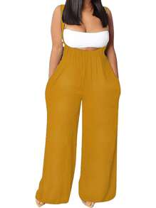 Plus Size Summer Casual Pleated Loose Wide Leg Bib Pants With Slant Pockets - Yellow - View 1