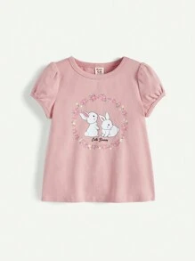 Cozy Pixies Conjunto de niña bebé con top de manga abullonada y cuello redondo con estampado de animales y pantalones florales pequeños