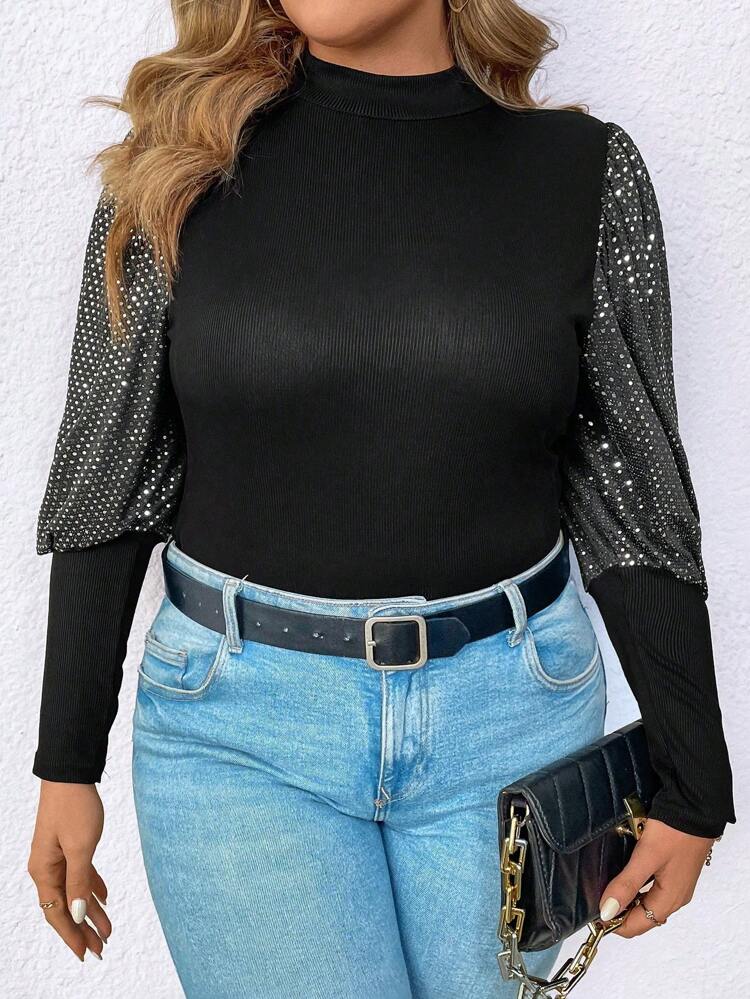 Plus Size Shiny Decor Stand Collar Top With Leg-Of-Mutton Sleeves