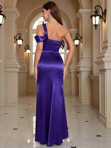 Women's Fashion Solid Color Pleated Side Slit Elegant Evening Dress - Purple - View 2