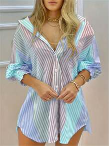 Áo Sơ Mi Oversize Nữ Sọc Colorblock Tay Loe Rớt Vai - Màu xanh lam - Xem 1