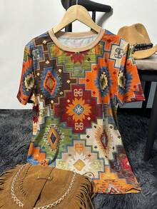 Camiseta feminina casual gola redonda estilo boêmio retrô com estampa geométrica e manga curta
