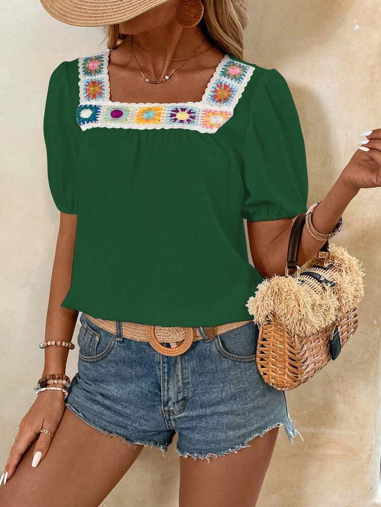 Women's Floral Pattern Square Neck Short Puff Sleeve Loose Shirt For Summer