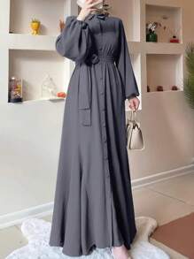 女士阿拉伯风格纯色简约休闲长裙，端庄 - 深灰色 - 查看 3