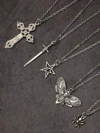 5pcs/Set Vintage Gothic Style Star Snake Cross Butterfly Necklace Set