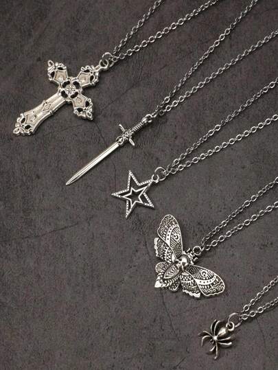 5pcs/Set Vintage Gothic Style Star Snake Cross Butterfly Necklace Set