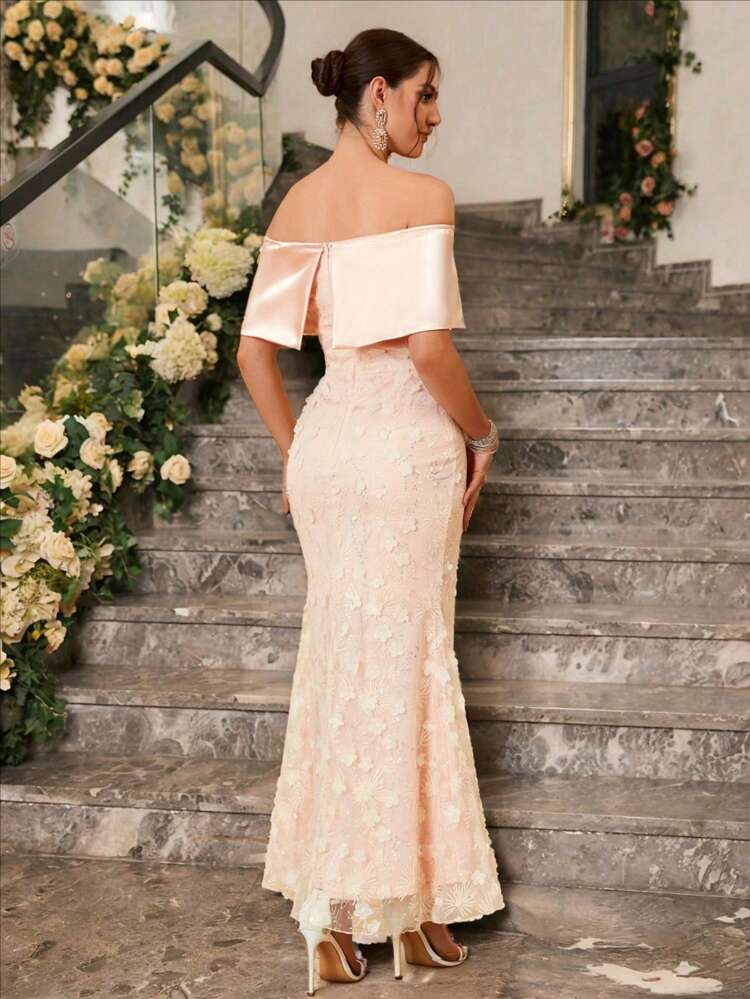 Elegant & Gorgeous Off Shoulder Dress With Floral Detailing For Evening Party