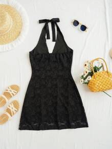 Soleia Jacquard V-Neck Contrast Color 3d Flower Decorated Halter Neck Dress - Black - View 2