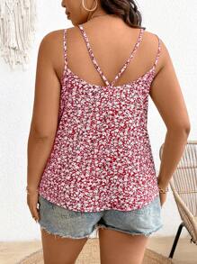 SHEIN Frenchy Áo ba lỗ dây mảnh họa tiết hoa Boho cỡ lớn dành cho nữ có dây đeo vai đôi, dành cho mùa hè - Đỏ - Xem 2