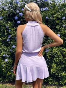 Breezaya 夏季假期纯色纹理露肩荷叶边饰挂脖连衣裙 - 紫色 - 查看 2