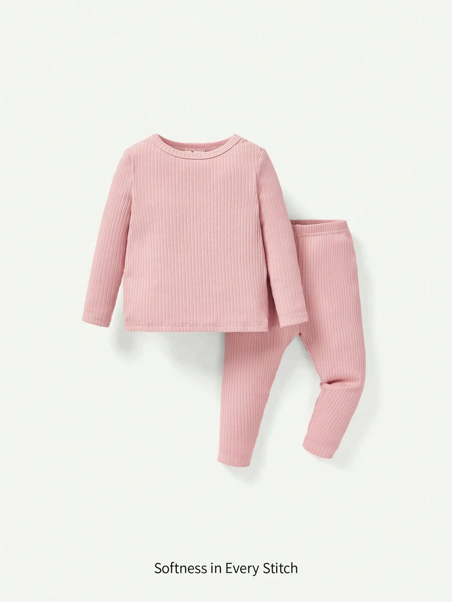 Baby Girl Snug Fit Knit Soft Solid Color Round Neck Long Sleeve Top And Pants Two-Piece Homewear Set - Dusty Pink - View 1