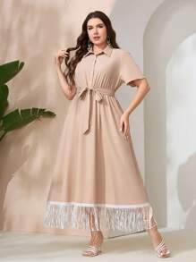 Mulvari Women's Plus Size Solid Color Lace Up Dress With Tassel Detailing - Apricot - View 1