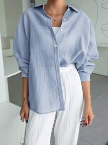 DAZY 女式春夏纯色后扣落肩长袖学院风衬衫 - 淺藍色 - 查看 2