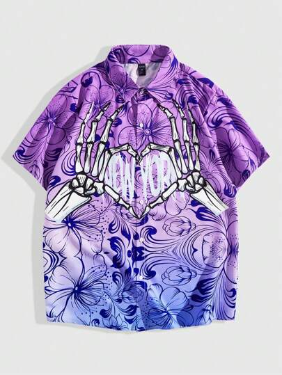 Street Life Camicia a maniche corte con stampa teschio alla moda da uomo con gradiente di colore