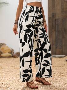 SHEIN PETITE Giải trí In thực vật Eo đàn hồi Thẳng Quần Với Nghiêng Túi - Nhiều màu - Xem 5
