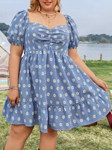 SHEIN CURVE+ Kích thước lớn Cổ Trái tim Ngắn tay Đầm Với Hoa Và Bản in Gingham - Nhiều màu - Xem 5