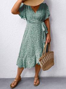Breezaya Plus Size Kỳ nghỉ hè Mini Ditsy Váy quấn xếp tầng hoa có dây buộc - màu xanh lá - Xem 4