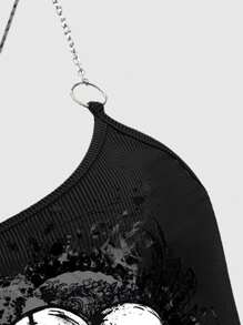 ROMWE Grunge Punk 骷髅印花链条细节吊带背心，学校 - 黑色 - 查看 3