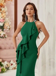 SHEIN Belle Váy dạ hội nữ có bèo nhún phóng đại, thiết kế đuôi cá và xẻ tà phía trước, váy dạ hội trang trọng cho nữ, váy dự tiệc cưới thanh lịch, váy tốt nghiệp, váy dự tiệc tối - Màu xanh lá cây đậm - Xem 2