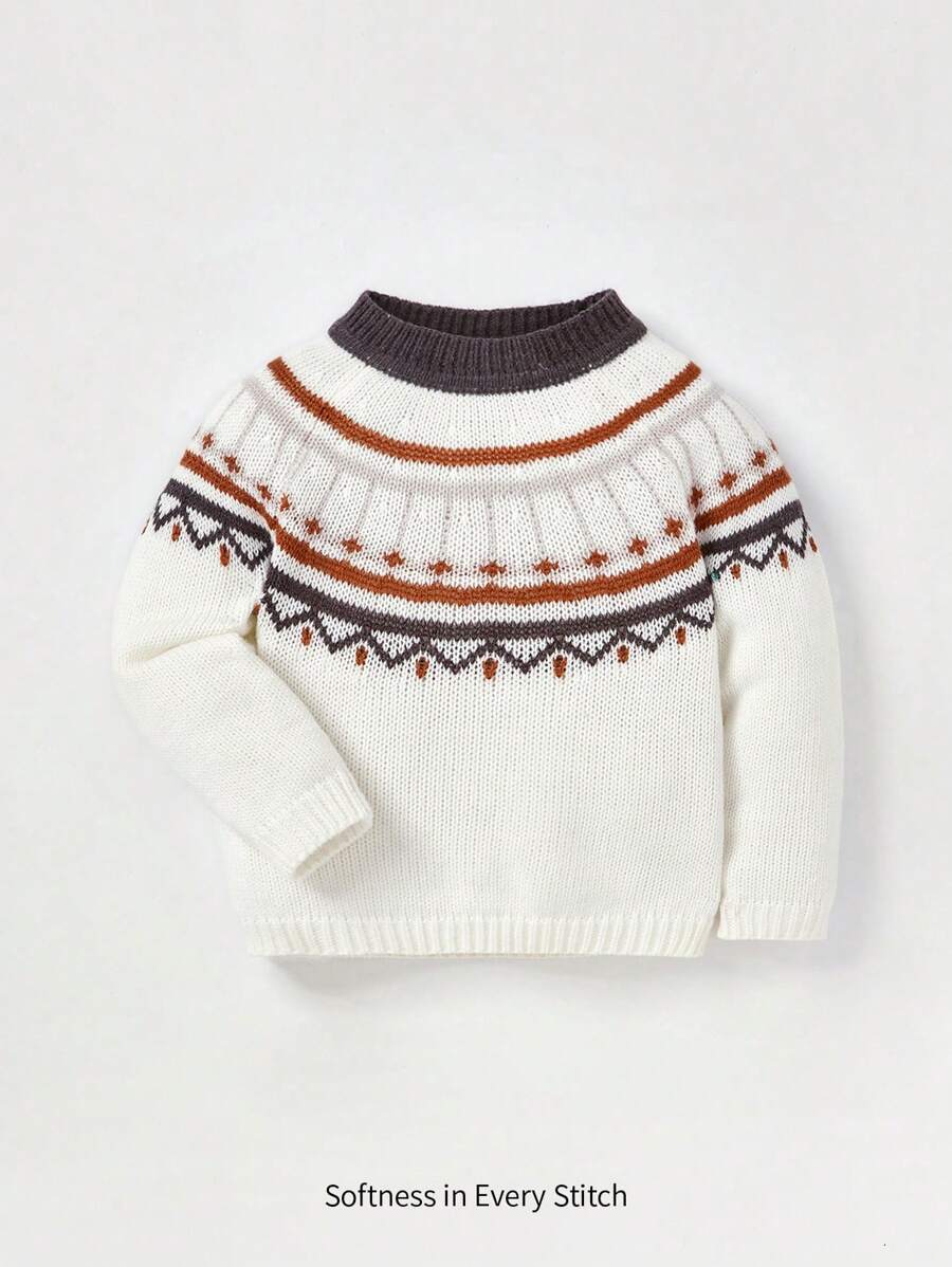 Baby's Casual Round Neck Jacquard Sweater With Long Sleeve - White - View 1