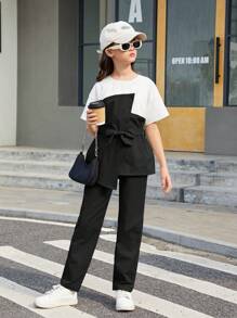 SHEIN Conjunto de ropa urbana casual de primavera/verano para niña preadolescente, conjunto de camiseta de manga corta con contraste de colores y pantalones largos - Negro - Ver 3
