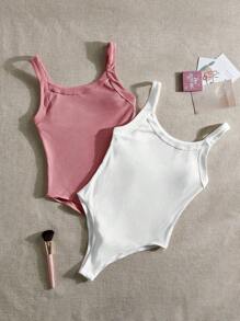 SHEIN BASICS Women's Cami Bodysuit With Scoop Neckline, Summer