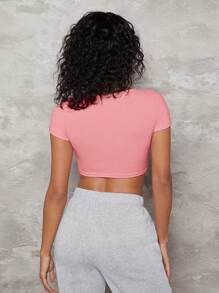 SHEIN BASICS 1 Miếng Cổ vuông Áo phông trơn - Màu Hồng Tươi - Xem 2