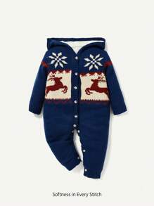男嬰1入組聖誕圖案前紐扣針織連身褲適用於聖誕 - 藍色 - 查看 1