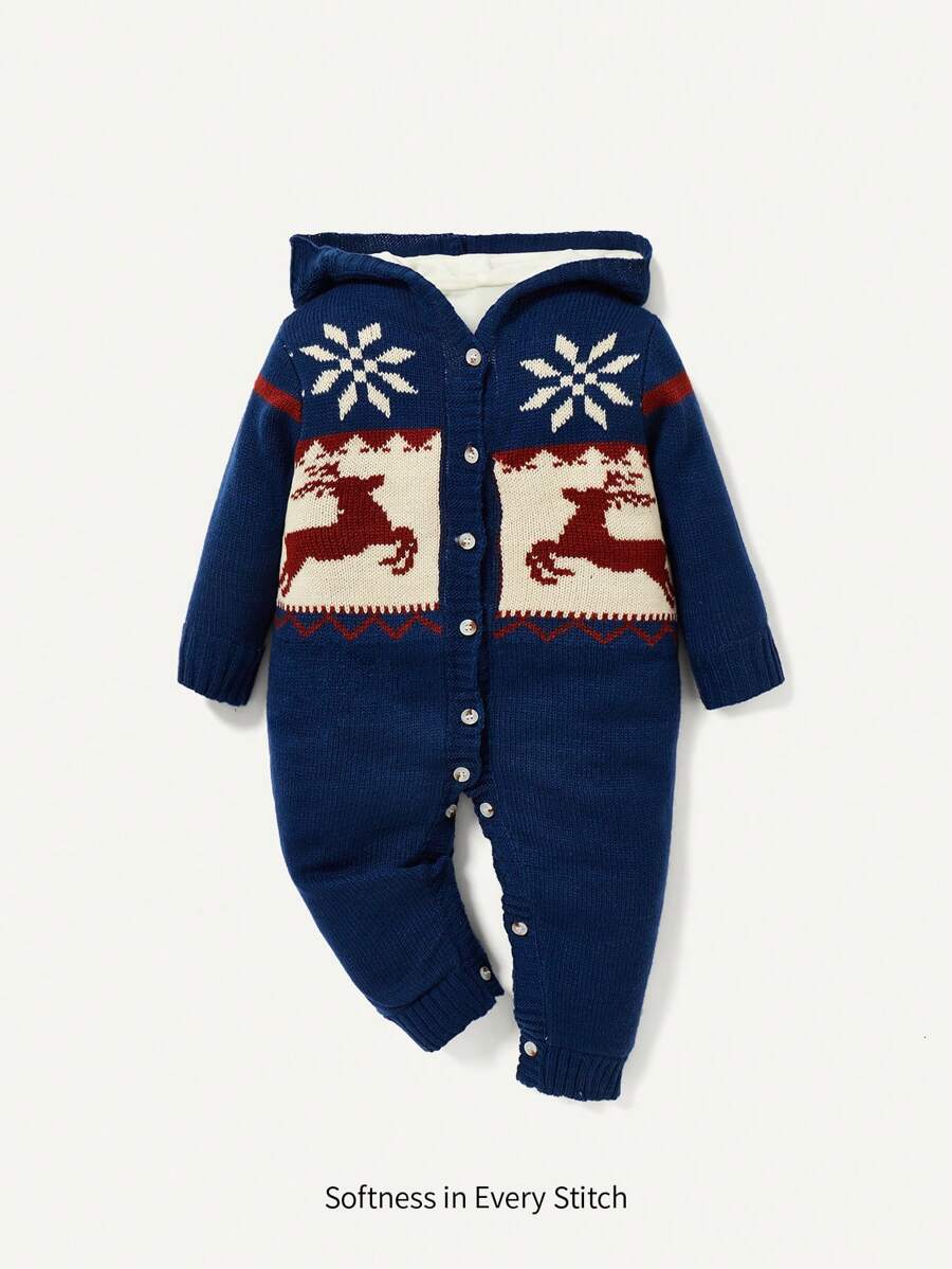 男嬰1入組聖誕圖案前紐扣針織連身褲適用於聖誕 - 藍色 - 查看 1