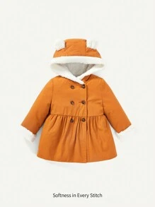 Baby Girl 3D Ear Double Breasted Teddy Lined Hooded Coat - Brown - View 1