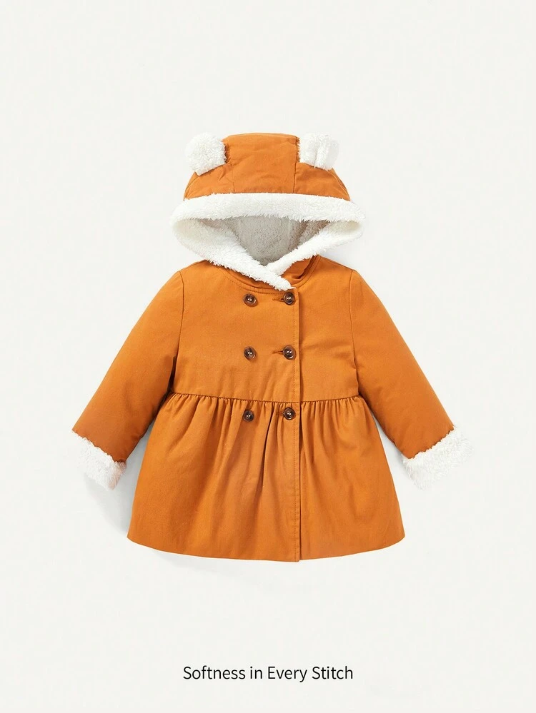 Baby Girl 3D Ear Double Breasted Teddy Lined Hooded Coat