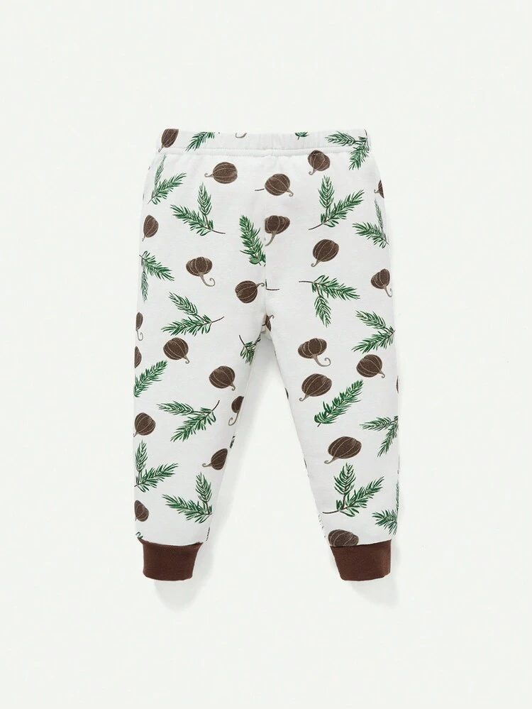 Baby Boy Snug Fit Pajama Set With Cartoon Printed Round Neck Top And Color Block Long Pants