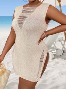 Maweii Plus Size Women's Sleeveless Sweater Dress With Hollow Out Design And Side Slit - Khaki - View 3