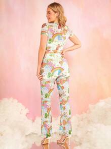 SHEIN X Care Bears Summer Mesh Cartoon Bear & Rainbow Pattern Printed Surplice Crop Top And Flare Pants Set - Blue - View 2