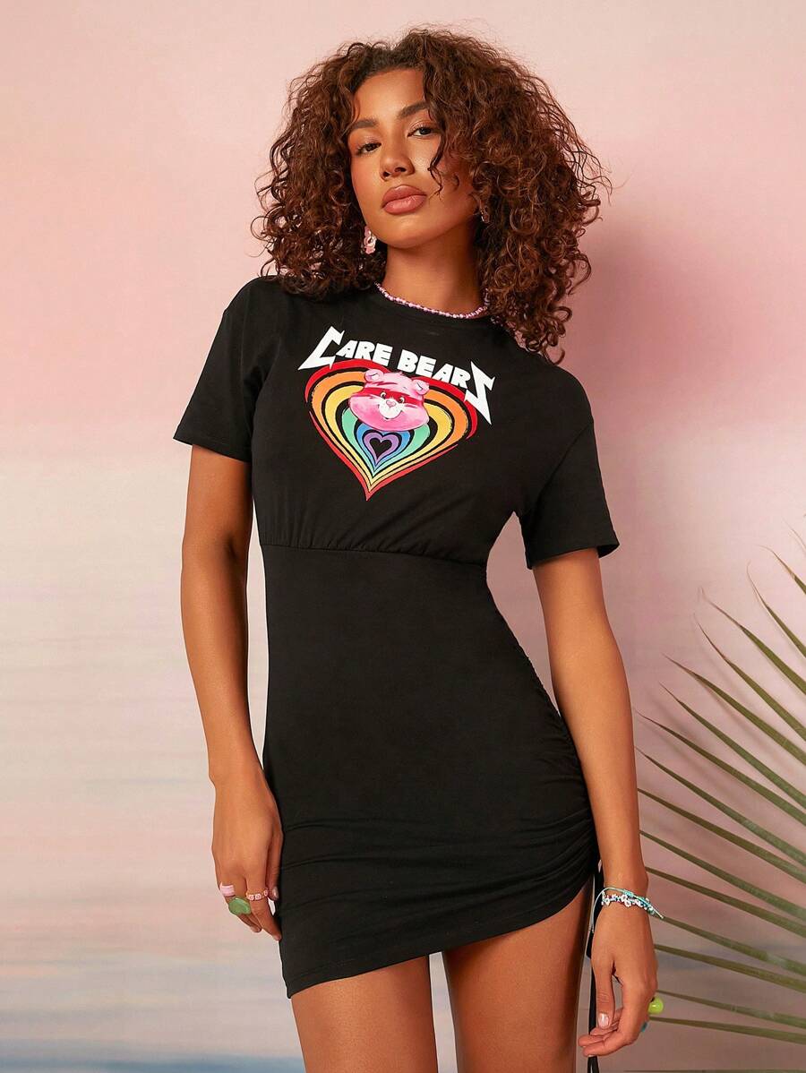 SHEIN X Care Bears Summer Heart & Cartoon Bear Printed Drawstring Ruched Bodycon Dress - Black - View 1