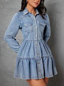 SHEIN Privé Waist-Cinching Denim Dress - Light Wash - View 3