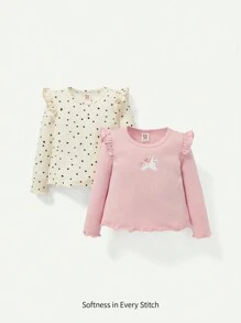 Cozy Pixies Baby Girl 2pcs Polka Dot Print Ruffle Trim Tee - Pink - View 1